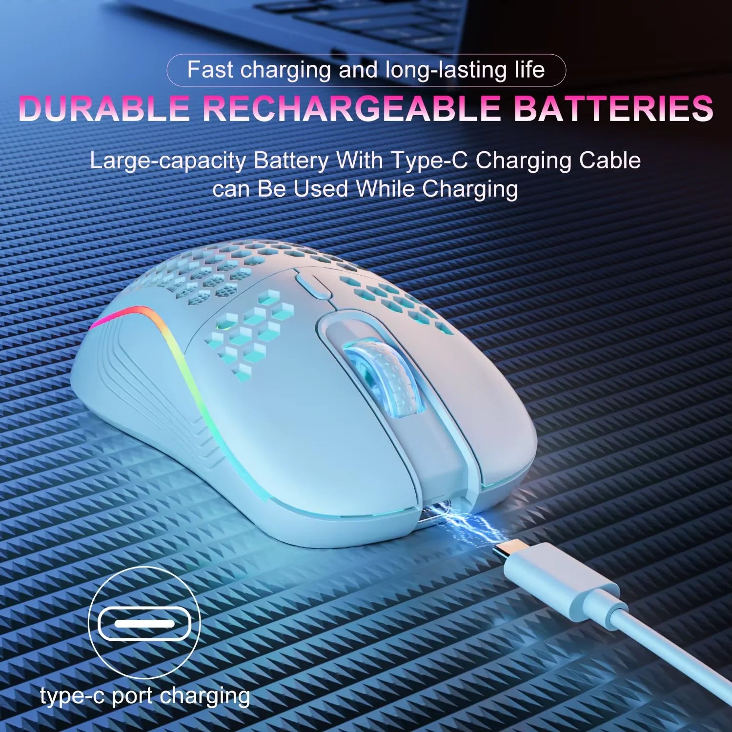 2.4G Wireless Ergonomic Gaming Mouse with RGB Backlighting, 6 Buttons, 3-Speed DPI, Type C Rechargeable, Honeycomb Design